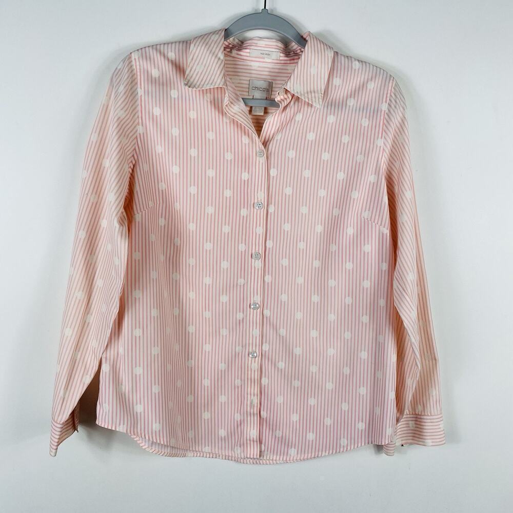Chico's Size Small 4 0 Striped Polka Dot Long Sleeve No-Iron Button Shirt Top